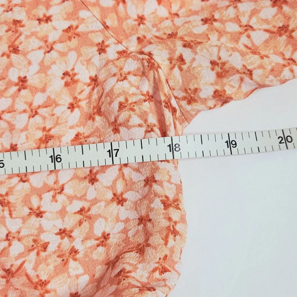 H&M Ruched Front Puff Sleeve V-Neck Crop Top Orange Ditsy Floral M Cottagecore